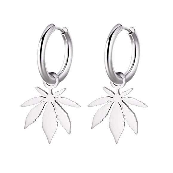 Silver Weed Leaf Hoop Earrings Hypoallergenic‎ Stainless Steel Marijuana - Picture 2 of 5